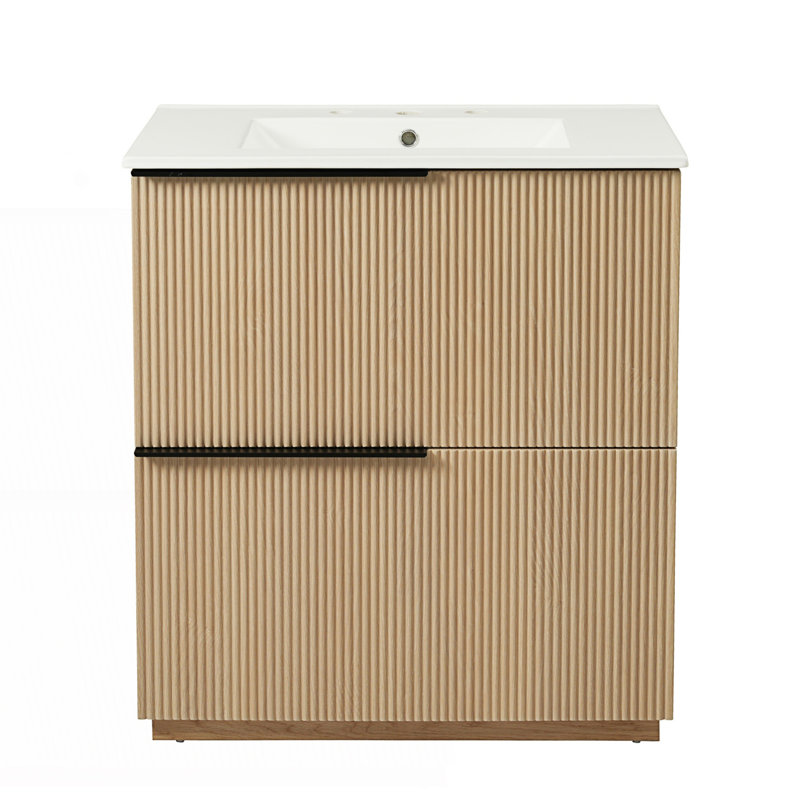 Meuble-lavabo à conception cannelée avec lavabo en céramique et tiroirs pleine extension, Naturel