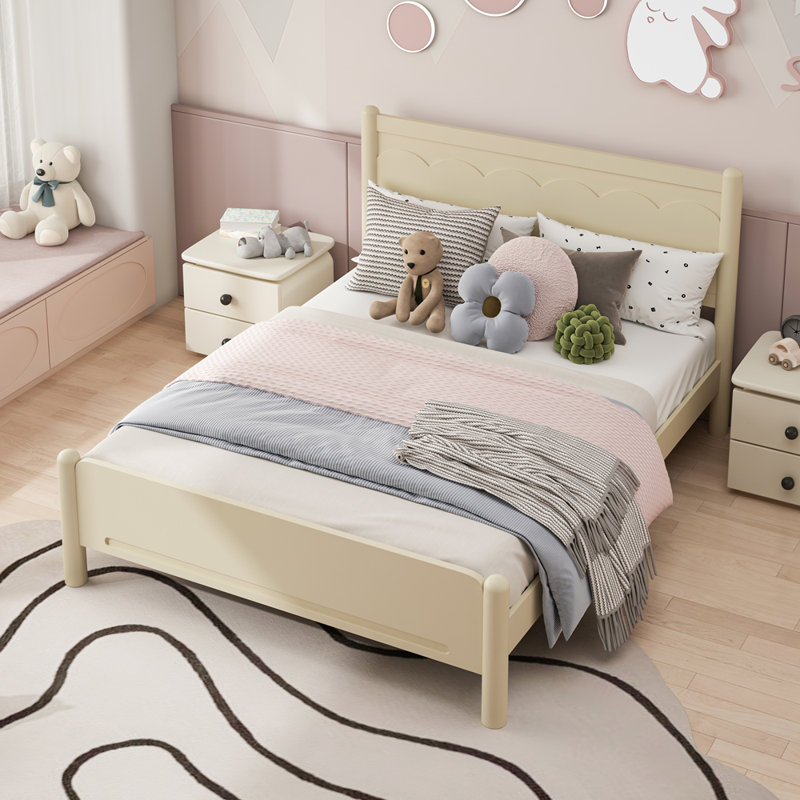 Base de lit plateforme grand en bois avec tête de lit et support en lattes de bois, naturel, Beige