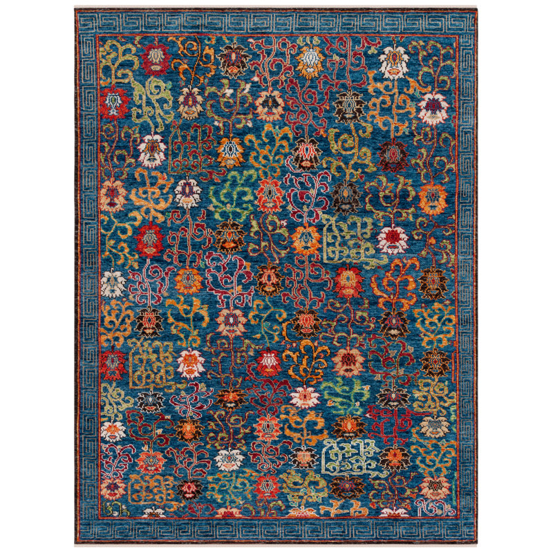 Hand-Knotted Wool 9' x 12' Blue and Red Area Rug
