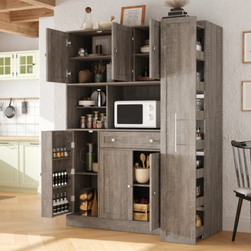 52.8" Traditional Freestanding Buffet With Hutch - Kitchen Pantry Cabinet With Pull-Out Side Storage, Brown