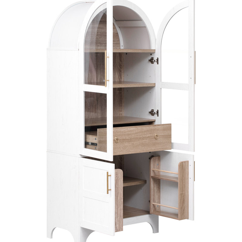 Garde-manger de cuisine arqué de 180 cm avec 4 portes de rangement intérieur, étagères réglables et tiroir caché pour un rangement organisé. Porte vitrée. Salle à manger.