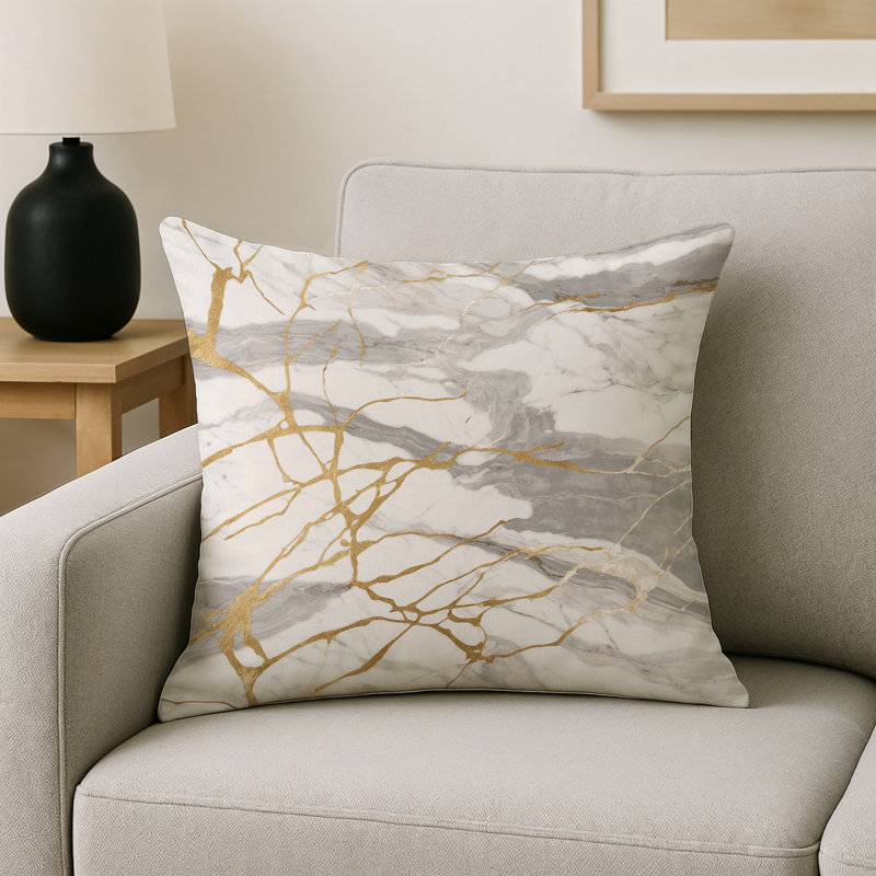 Coussin décoratif intérieur / extérieur gris Modern Modern, Carré 16 po, Vert / jaune / marbre gris 1