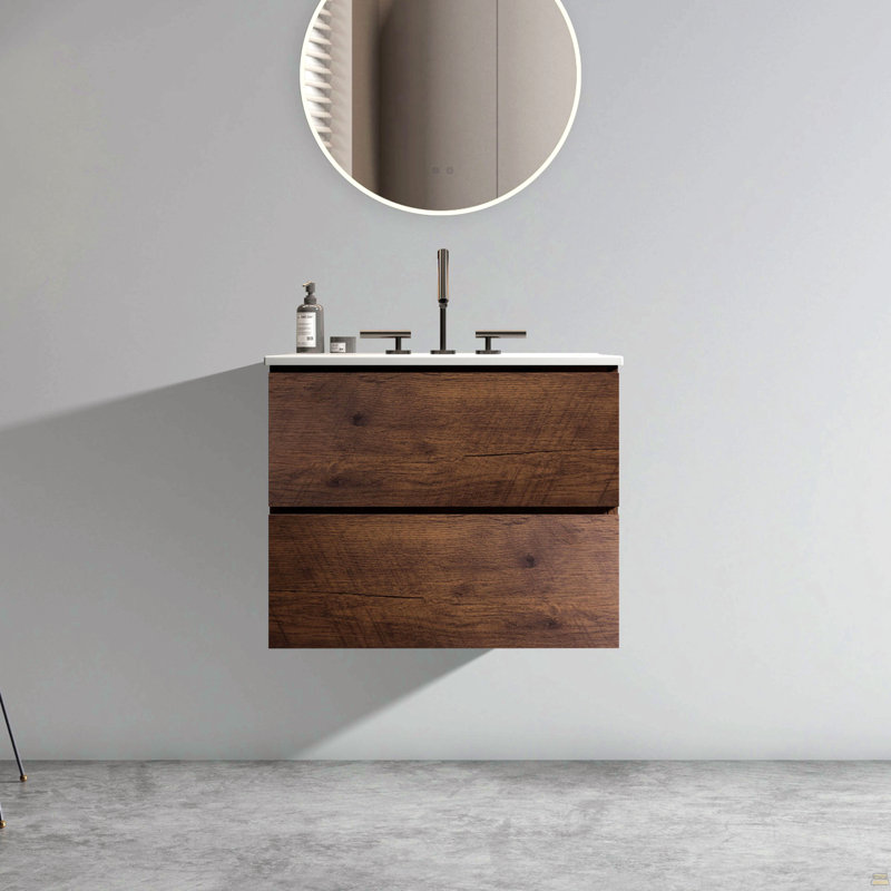 Meuble-lavabo mural en noyer de 24 po avec lavabo en céramique avec trois trous de robinet, grand meuble-lavabo flottant de rangement pour salle de bain moderne, lavabo une pièce sans drain, pré-assemblé
