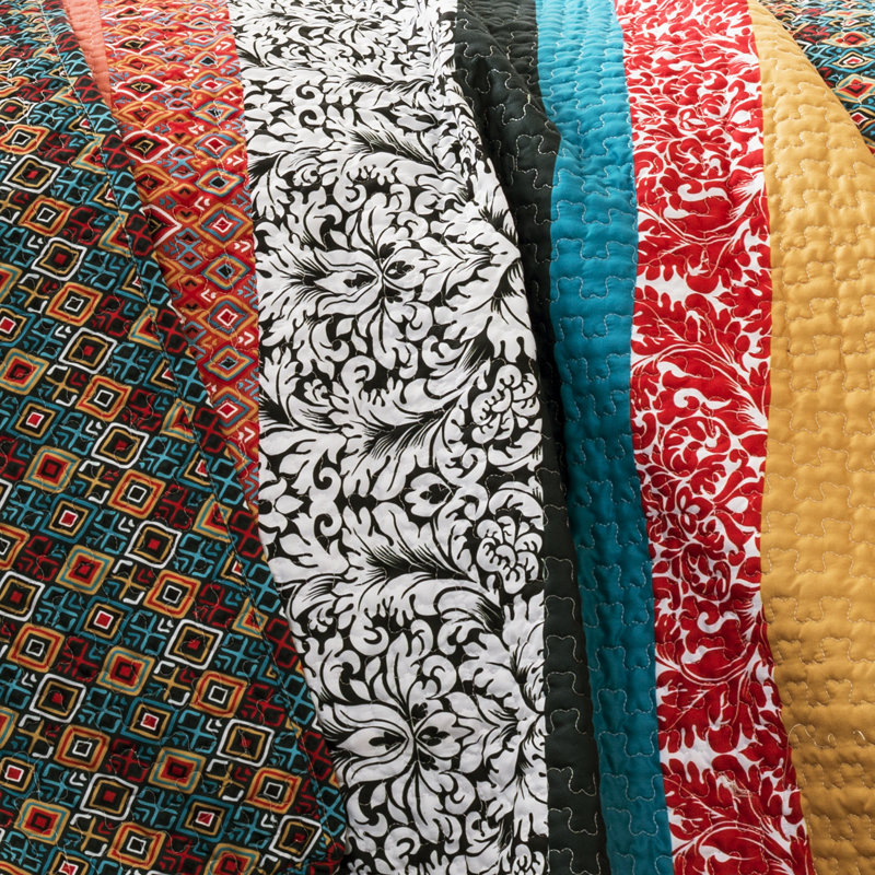 Boho Stripe Reversible Coverlet Set, King Quilt + 2 King Shams, Turquoise/Tangerine