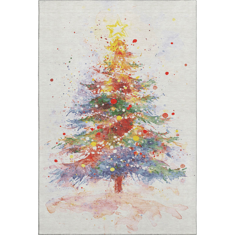 Premium Machine Washable Dockside AMF1809 Watercolor Christmas Tree Rug, Rectangle 8' x 10'