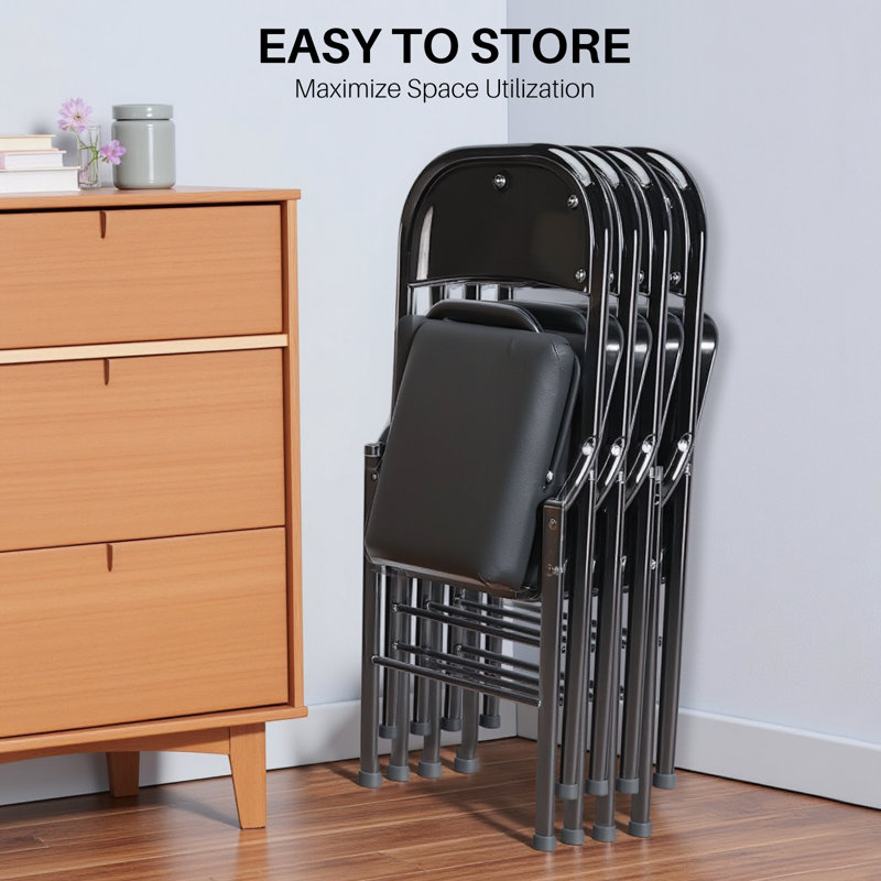 Pu Leather Padded Folding Chairs, Sturdy Metal Foldable Chair, Easy To Use And Store, Outdoor And Indoor, For Home, Office, Party (Set of 2)