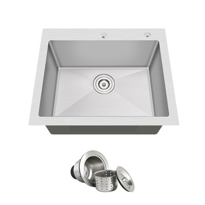 Évier de cuisine à cuve unique Blenzia 25x22, encastré, en acier inoxydable de calibre 16, fabriqué à la main, 25 po x 22 po x 9 po