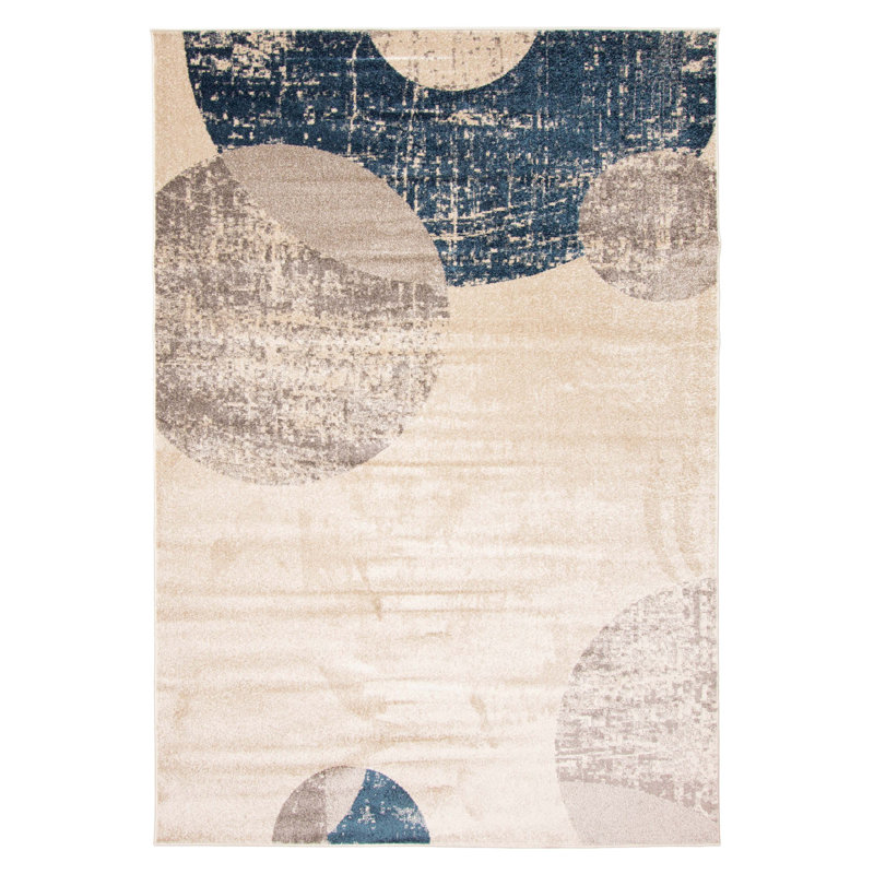 Tapis abstrait ivoire / bleu Jurgita, Rectangle 6 pi 7 po x 9 pi 6 po