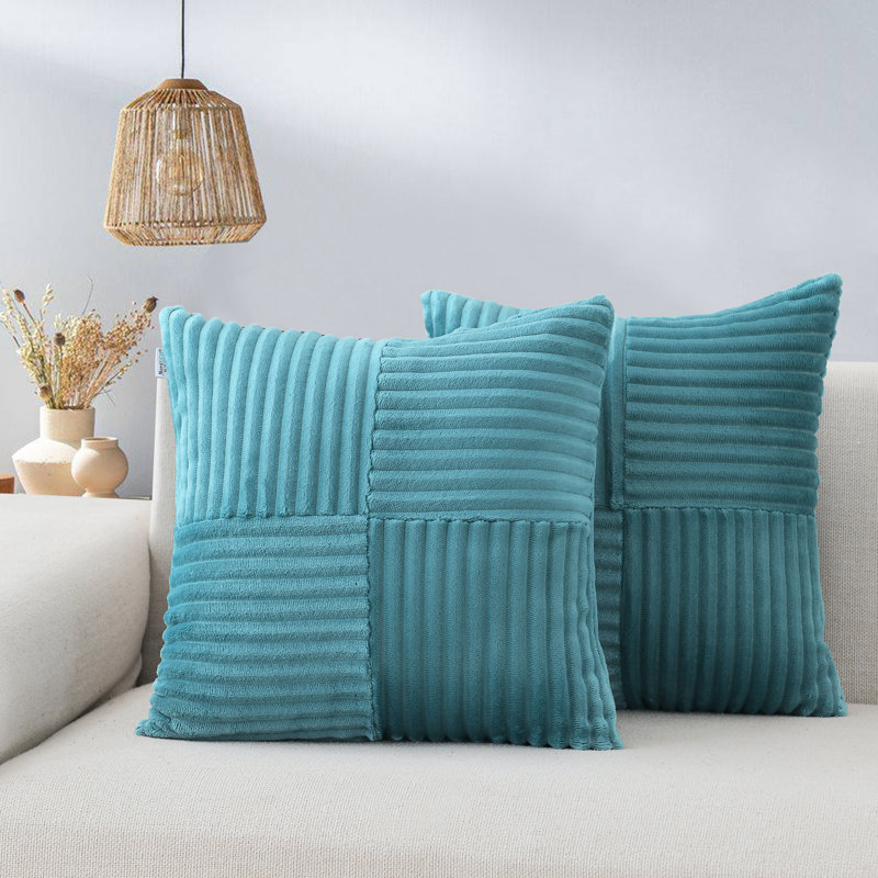 Square Striped Corduroy Soft Flannel Patchwork Pillow Cover, Teal, 18" x 18"