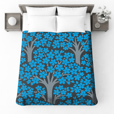 Blue Floral Trees Quilted Thin Bedspread