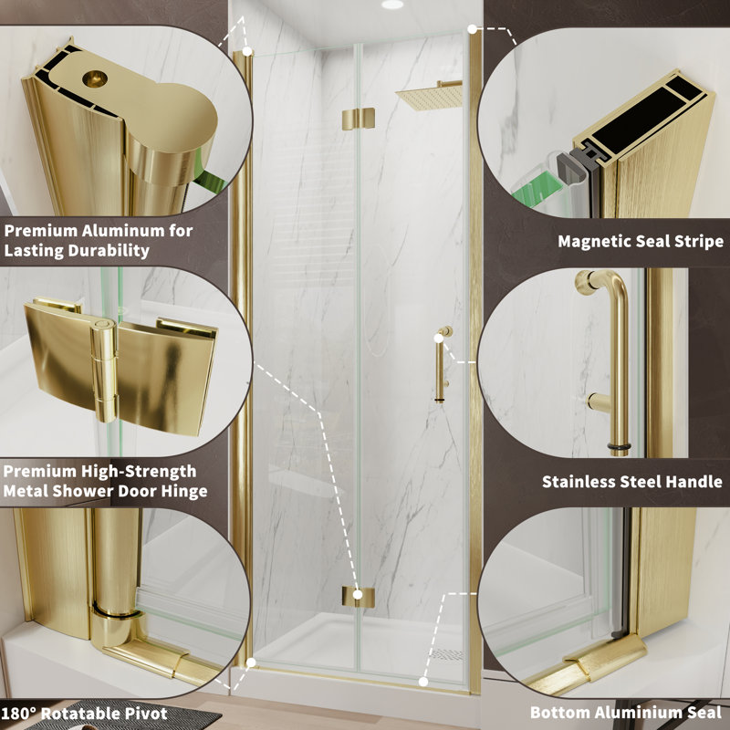 32-33.5 in. W x 72 in.H Bi-Fold Frameless Shower Door with 1/4 in Clear SGCC Tempered Glass and Brushed Gold Finish, Gold