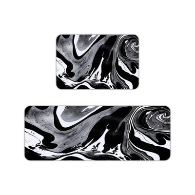 Black White Marble Kitchen Mats, Set Of 2 Modern Home Decor Rugs For Kitchen & Bathroom