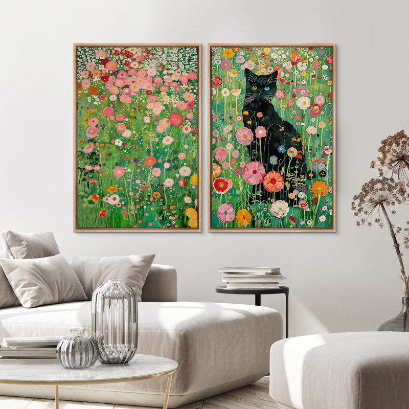 Gustav Klimt, chat noir dans un champ de fleurs sauvages, art moderne boho moderne, Naturel, H 24 po x l 16 po