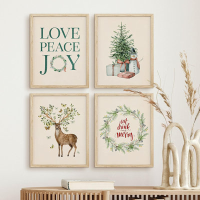 " Christmas Tree Wreath Deer Snowman Decor " 4 - Pieces