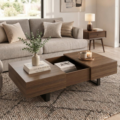 Table basse de style Mid-Century avec plateau coulissant et rangement dissimulé