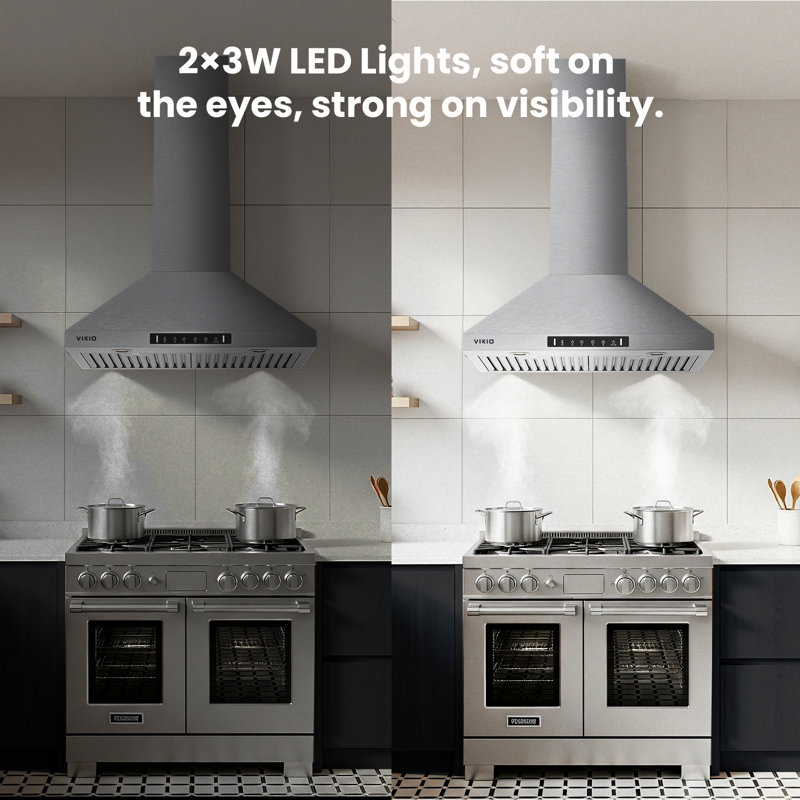 VIKIO 30" Wall mount Range Hood with 2 GU10 LED lights, 3-Speed, 600 CFM, Ultra-Quiet, Dishwasher-Safe Filters, Stainless Steel, ETL Listed