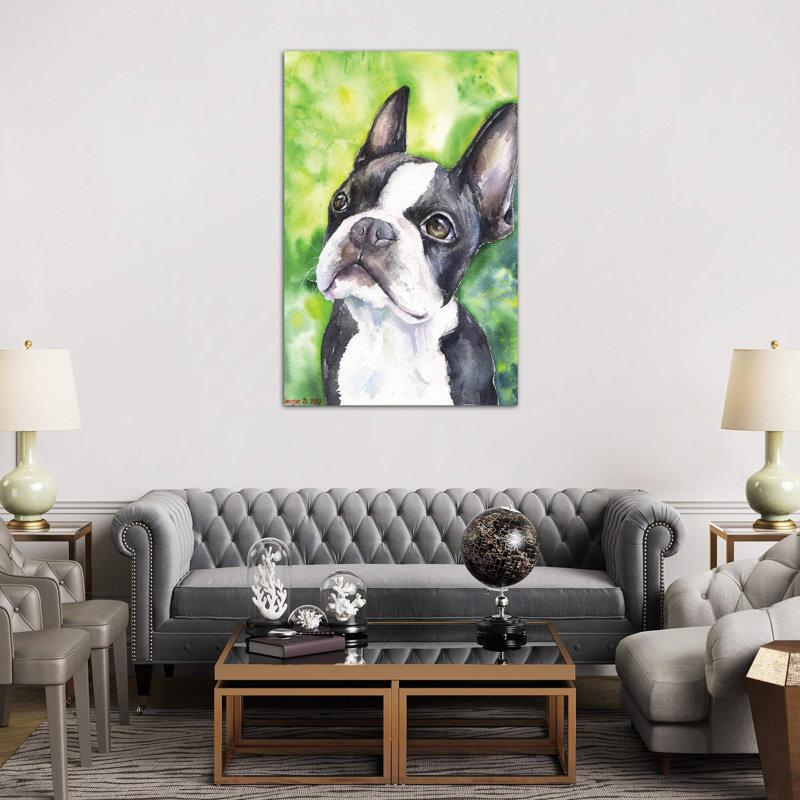 Boston Terrier Portrait - Print on Canvas, Brown Floater Framed, 101.6 cm H x 66.04 cm W