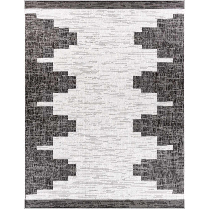 Tapis d'extérieur marocain noir et blanc Aafreen, Rectangle 6 pi 7 po x 9 pi