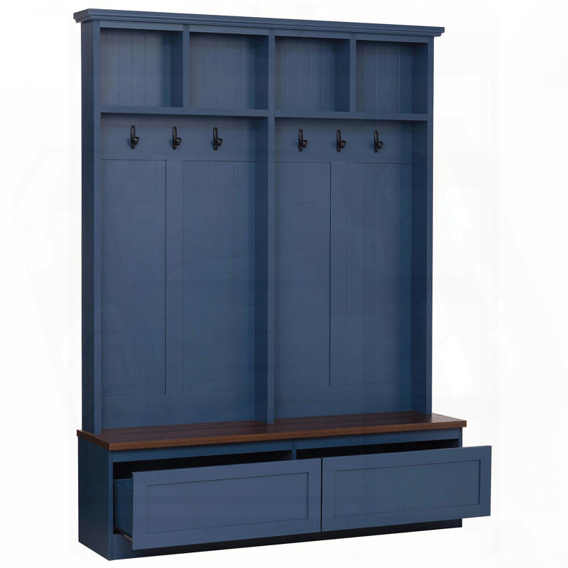 Farmhouse 4-in-1 Hall Tree with Wood Grain Bench and 2 Drawers (Blue), Blue