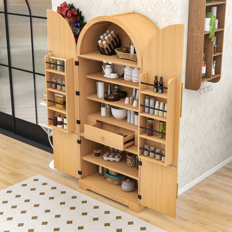 Armoire de rangement arquée moderne avec poignées - conception spacieuse, tablettes réglables, Natural