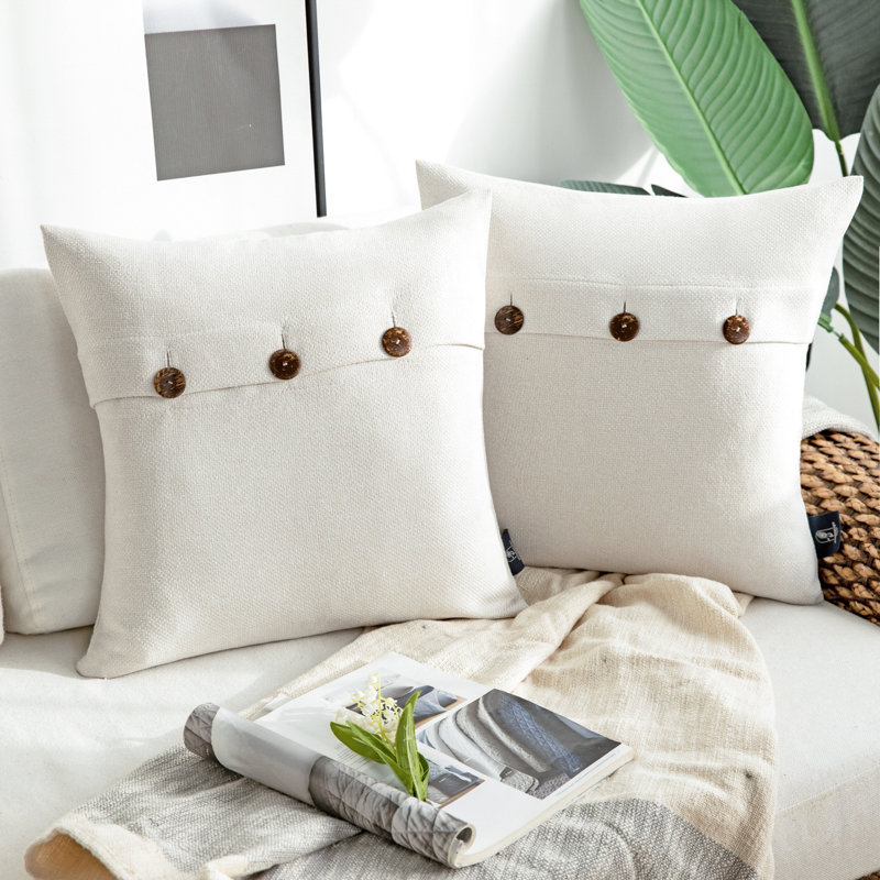 Linen Square 20" Throw Pillow Cover with Coconut Shell Button Closure, 20"H x 20"W, Pillow Cover Only - No Insert, Offwhite