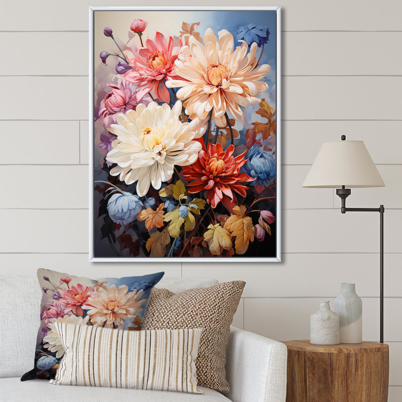 Yesmi Chrysanthemums Vibrant Collage IV, H 20 po x l 12 po x P 1 po, Cadre flottant blanc