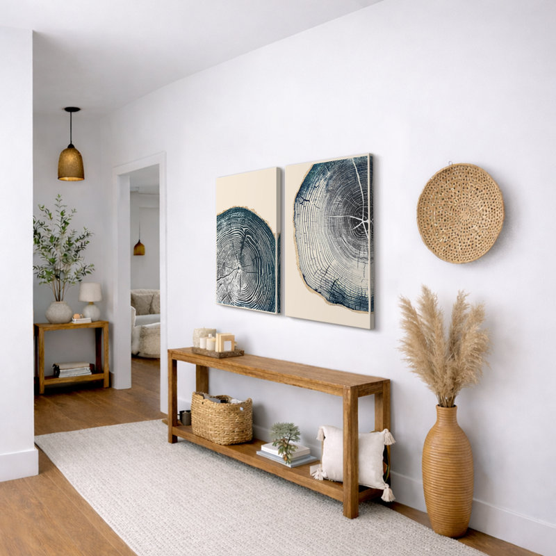 Tree Ring "Navy Blue Wood Stump Artwork, Simple Modern Rustic Wall Pictures, Framed Canvas Giclee Print 2 Pieces Wall Art Set" 16x24x2 pcs, 24x36x2 pcs