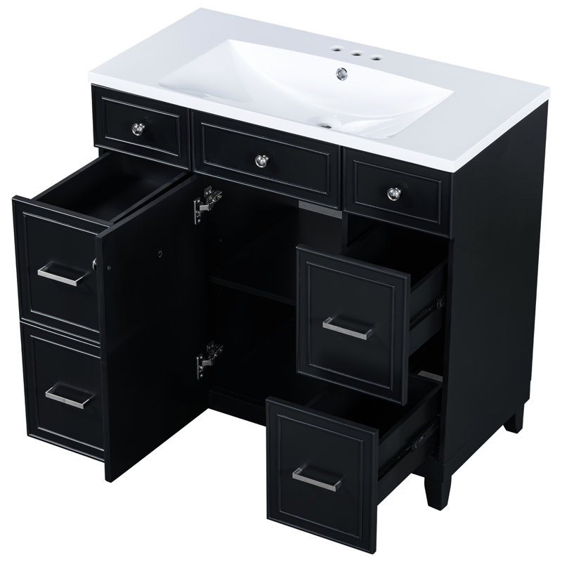 Meuble-lavabo de 36 po noir, conception compacte pour salle de bain, lavabo en résine lisse, trou de trop-plein empêchant les déversements, construction, rangement organisé, meuble-lavabo élégant, lavabo facile à nettoyer,