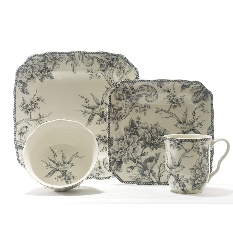 222 Fifth Adelaide 16-Piece Porcelain Floral Dinnerware Set - Service For 4, Gray/White