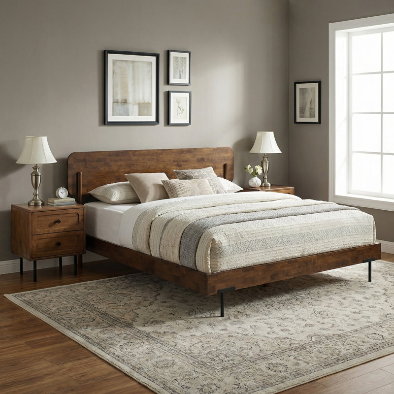 Queen Premium Solid Wood Bed Frame with Headboard, Scandinavian Signature Wood Platform Bed 800 lbs Capacity Walnut Finish, Fit All Mattresses, No Box Spring Needed, Non-Slip Noise-Free, Easy Assembly