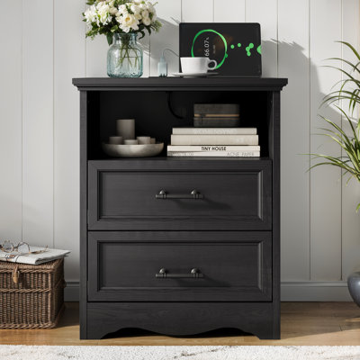 Nightstand with Charging Station, 23.6" Farmhouse End Table with 2 Drawers and Unique Base Design, for Bedroom Living Room, White