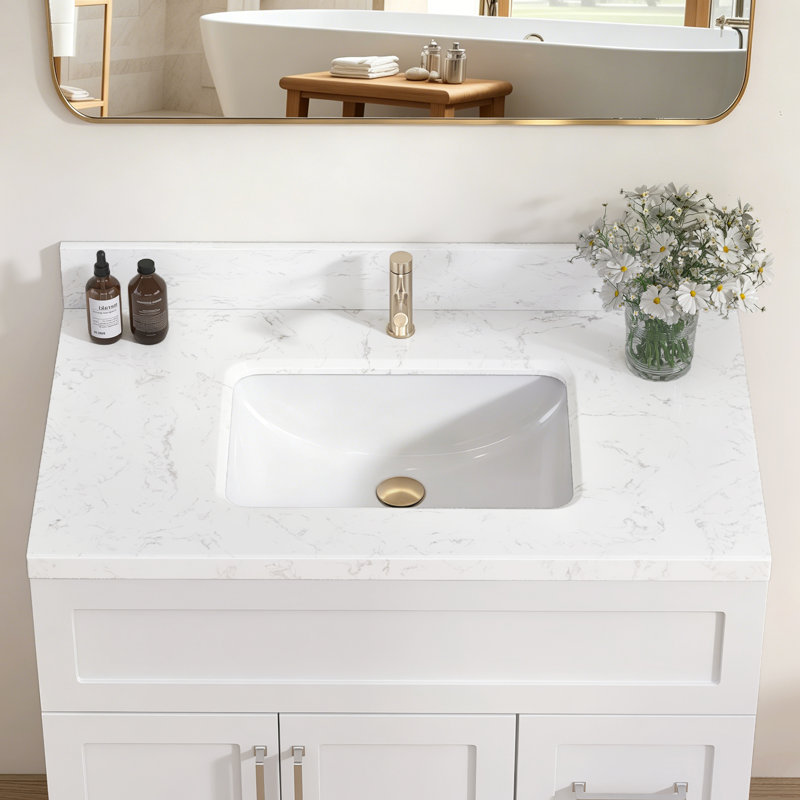 Comptoir de meuble-lavabo à dossier rectangulaire l 30 po x H 4 po en pierre reconstituée blanc Carrara