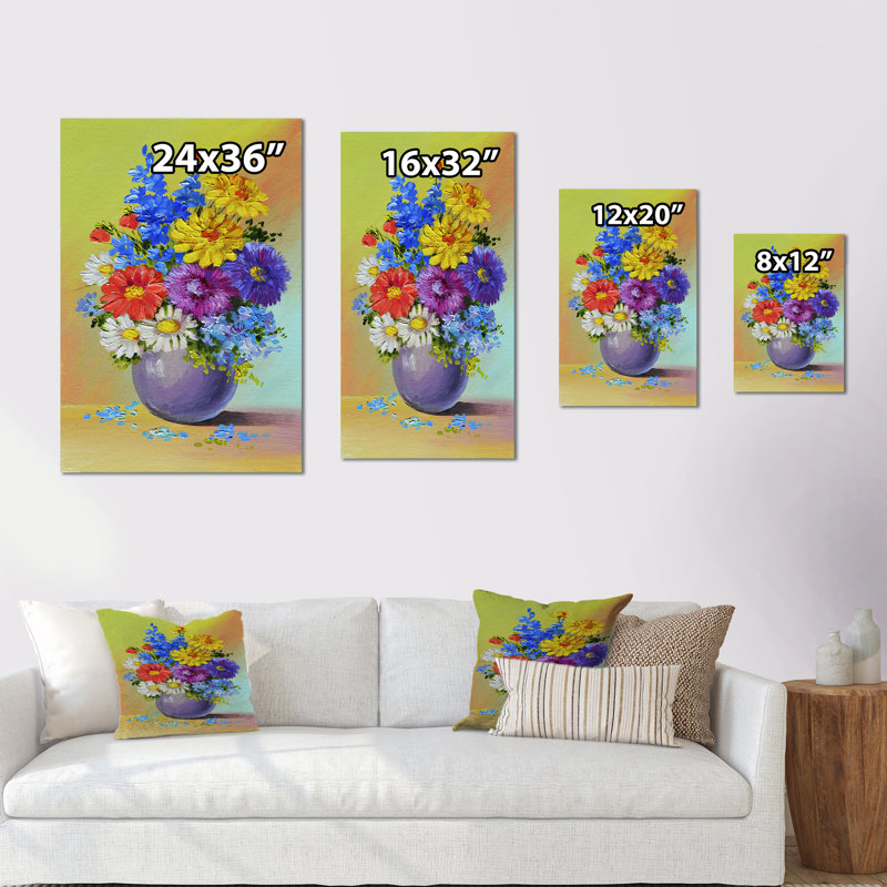 Nature morte au bouquet bleu et jaune - Peinture, H 12 po x l 8 po, Toile tendue