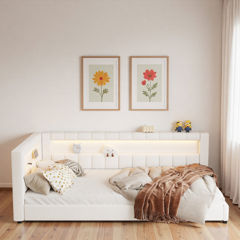 Upholstered Daybed With Usb Ports And Led Light Strips, Cream White, Extra-long Twin