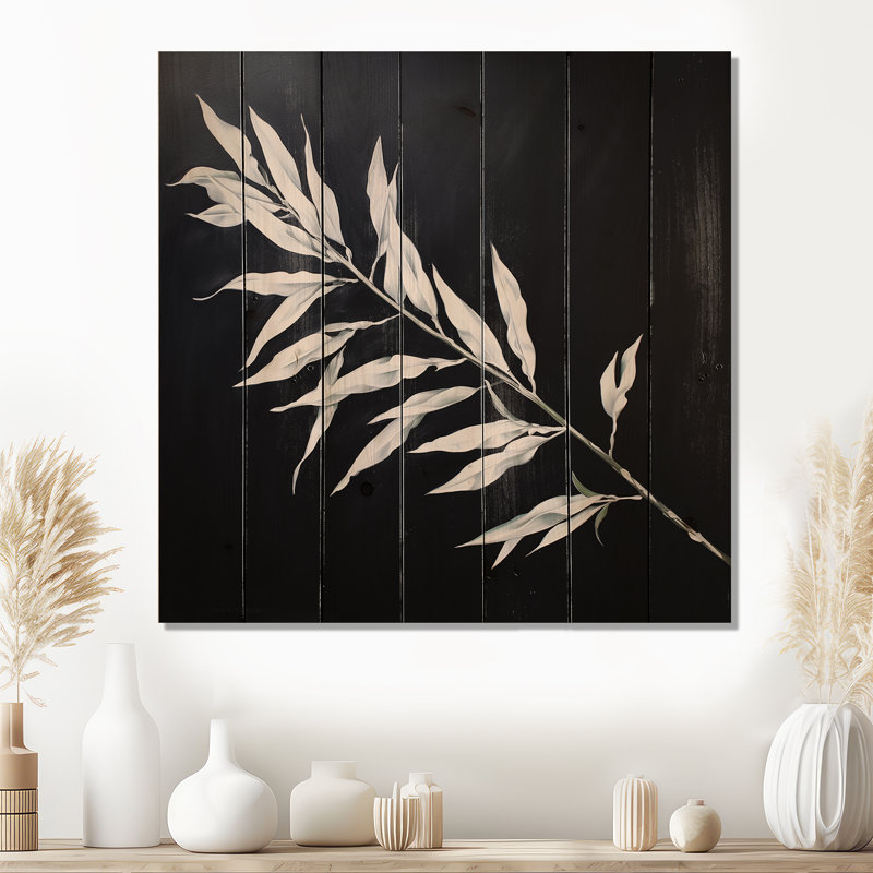 Willow Leaves In White I - Leaves Wood, art mural sur bois de pin naturel, H 30 po x l 30 po