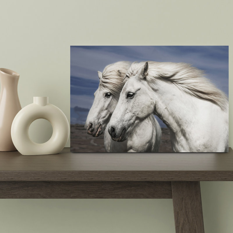Chevaux blancs blancs abstraits, art contemporain, paysage de cheval, 12" H x 18" W
