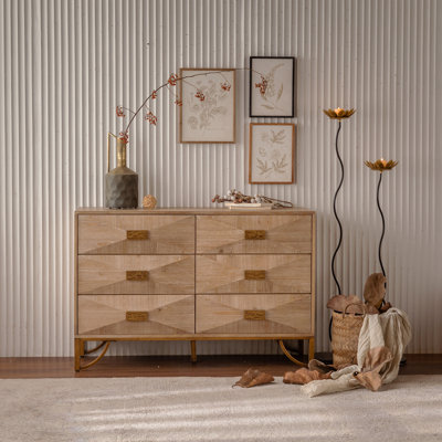 Console moderne 47,24 ", commode 6 tiroirs en bois clair avec pieds en métal doré, commode à relief géométrique, buffet