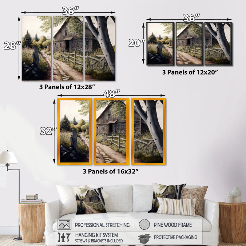Charmant chalet et chemin II - 3 pièces, reproduction sur toile, Cadre flottant noir, H 32 po x l 48 po x P 1 po