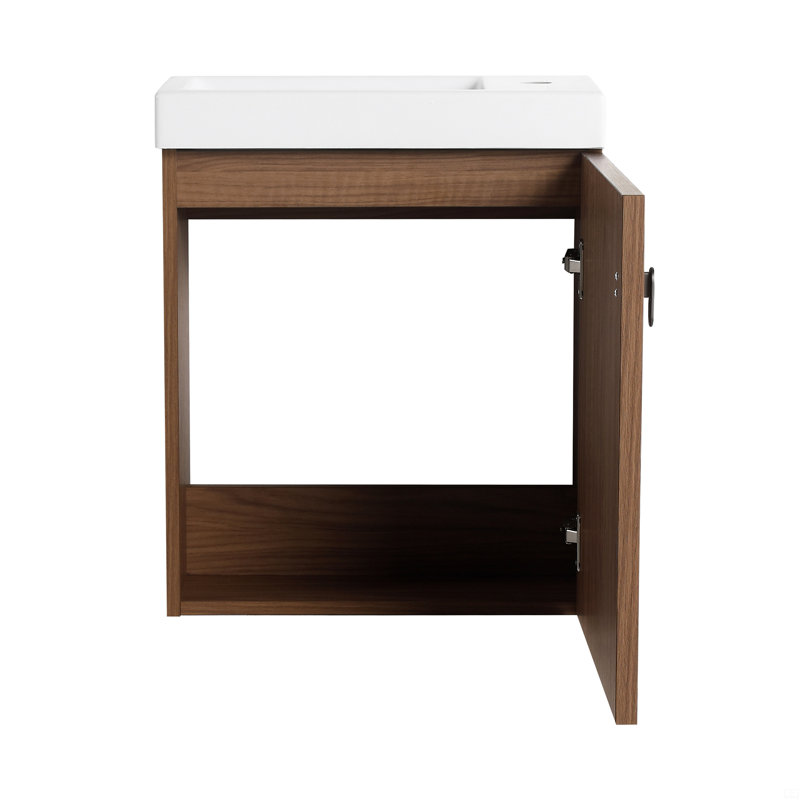 Meuble-lavabo mural 18,5 po avec lavabo en résine, porte simple à fermeture douce, Brun