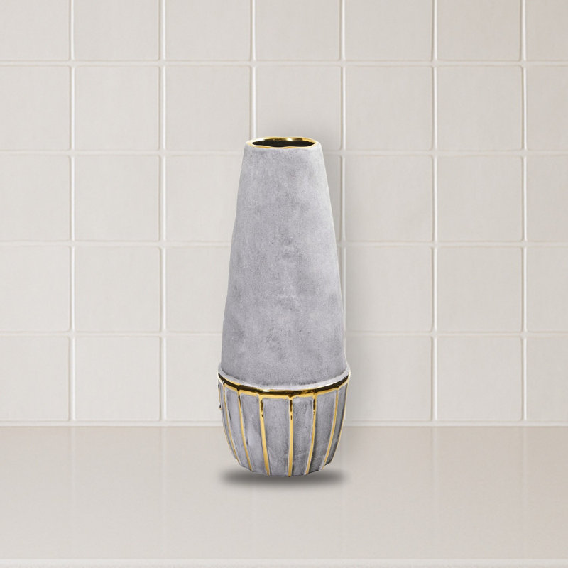 Regal Stone Decorative Vase with Gold Accents, 15" H x 6.5" W x 6.5" D