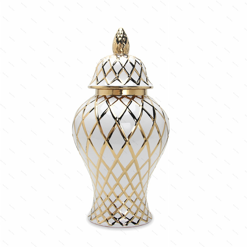 Vase en céramique Fortunna, H 16,5 po x l 8 po x P 8 po, Blanc / Doré
