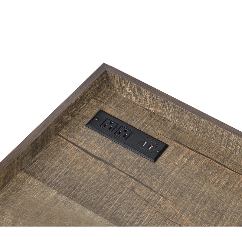 Lochlan Steel Writing Desk with Built-In Electrical Outlet, Rustic Oak