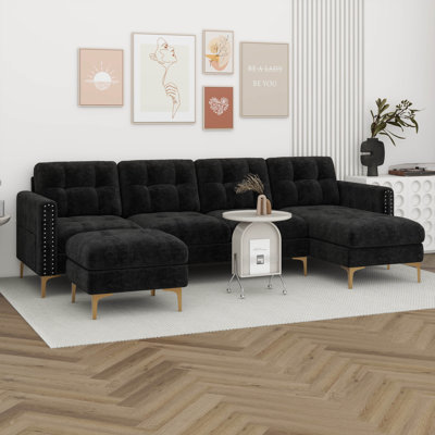 110" L-Shape Convertible Sectional Sofa Couch With Movable Ottoman, Convenient Storage Pockets, Velvet Upholstery Sofa