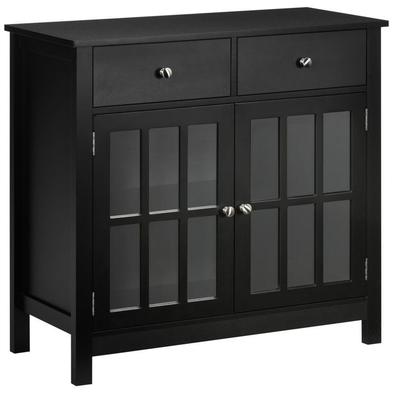 Buffet buffet, armoire de cuisine décorative avec portes en verre, tablette réglable et 2 tiroirs pour la cuisine, noir