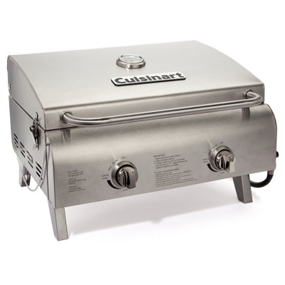 Cuisinart Chef's Style Tabletop Portable Propane Gas Grill with Dual Burners (20,000 BTUs Total), Twist-Start Ignition Stainless Steel BBQ Grill for Camping, Tailgates, BBQ