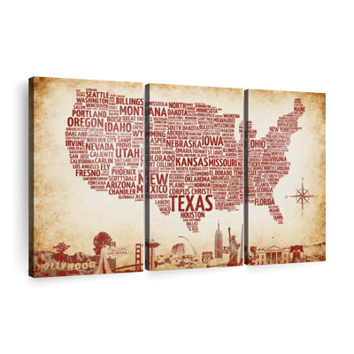 «USA Map Rustic USA Map», reproduction sur toile 3 pièces par Echoes Of America