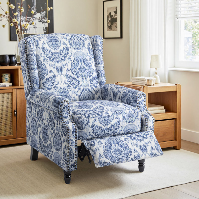 Ameiah 74 cm W Upholstered Wing Back Manual Push Back Recliner with Naihead Trims, Navy Polyester
