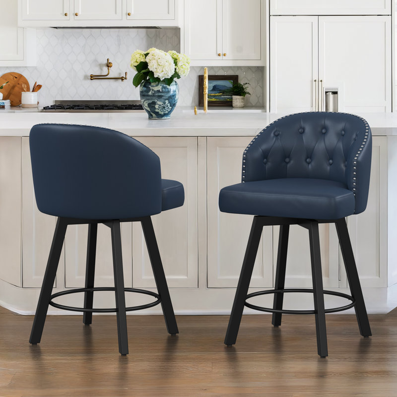 Swivel Faux Leather Counter Stool with Metal Legs (Set of 2), Navy Blue