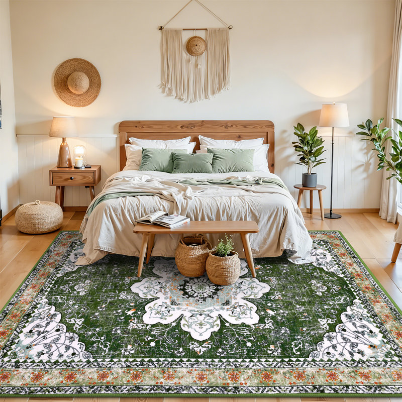 Machine Washable Non-Slip Green Oriental Area Rug, Rectangle 9' x 12'