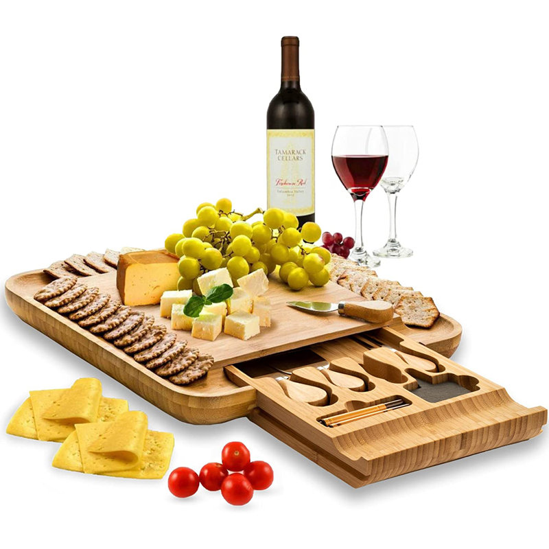 Eco-Friendly Light Brown Bamboo Cheese Board Set with Cutlery Drawer